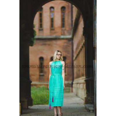 Boho Style Ukrainian Embroidered Maxi Narrow Dress Mint